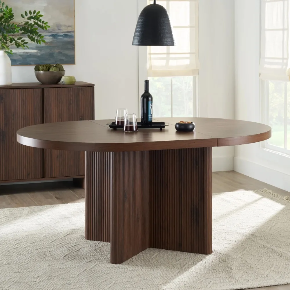 Lillian Fluted Round Expandable Dining Table, Easy to assemble,Walnut Finish