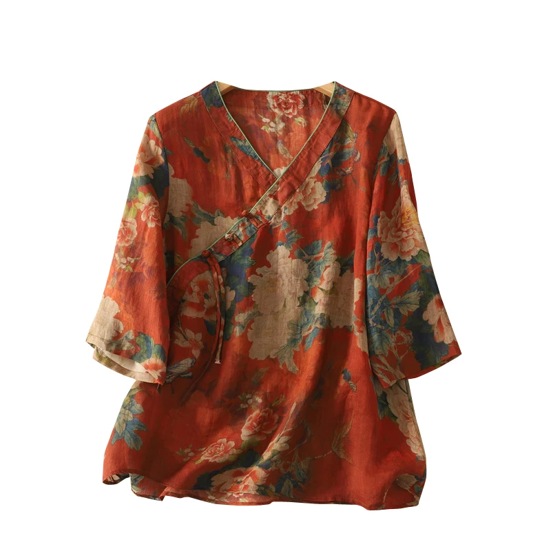 

Новая женская летняя легкая хлопково-льняная блузка с принтом в китайском стиле, топ на пуговицах, V-Ne ort Sve, свободная блузка