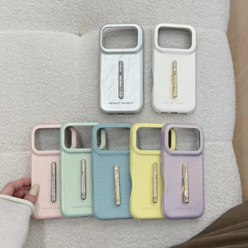 

Fashion Candy Color Leather Phone Case For iPhone 17 Pro 14 15 16 Pro Max Cover with Diamond Matel Holder Shockproof Cases Cute