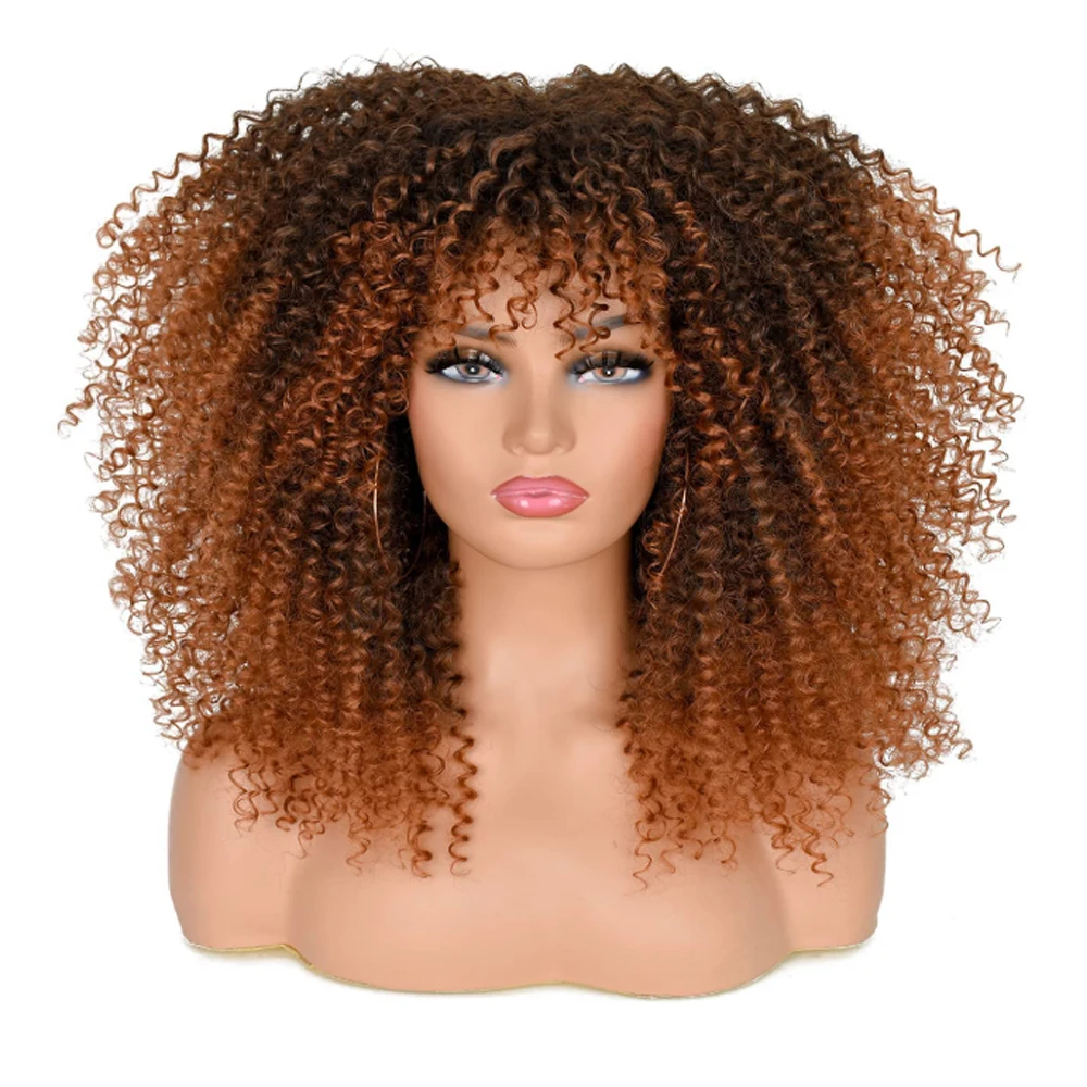 Curly Wigs for Black Women Afro Curly Wig with Bangs Synthetic Fiber Glueless Long Kinky Curly Hair Black to Brown