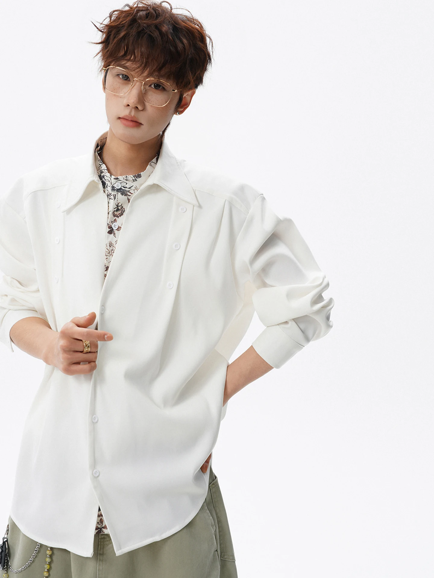 

Korean Sle Loose Fit Long Sve White irt Men's Casual Faion Spring New Brand Hip Haome Fake Two-Piece irt