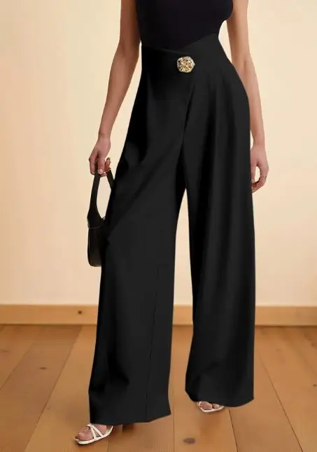 Casual Women's Elegant High Waist Wide Leg Pants with Asymmetrical Waist Pocket Temperament Commuting Female Fashion Loose Pants