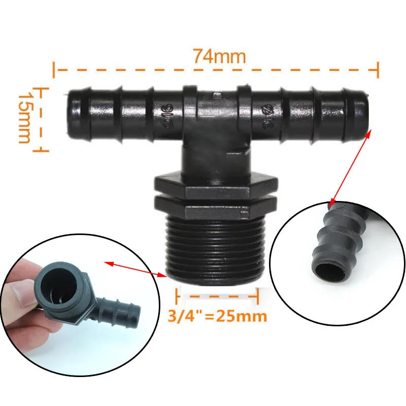 

3/4" Connectors Garden Hose 25mmThread To 16PE water Water Pipe splitter Barbed Tee Micro Irrigation Fittings M20