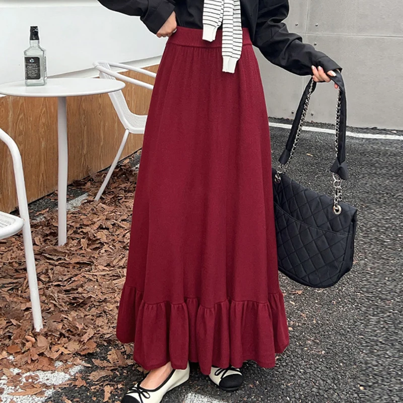 

Elegant High Waist Knitted Skirts Women Autumn Winter Ruffle Edge Long A-Line Skirt Woman Spliced Solid Color Skirts Lady