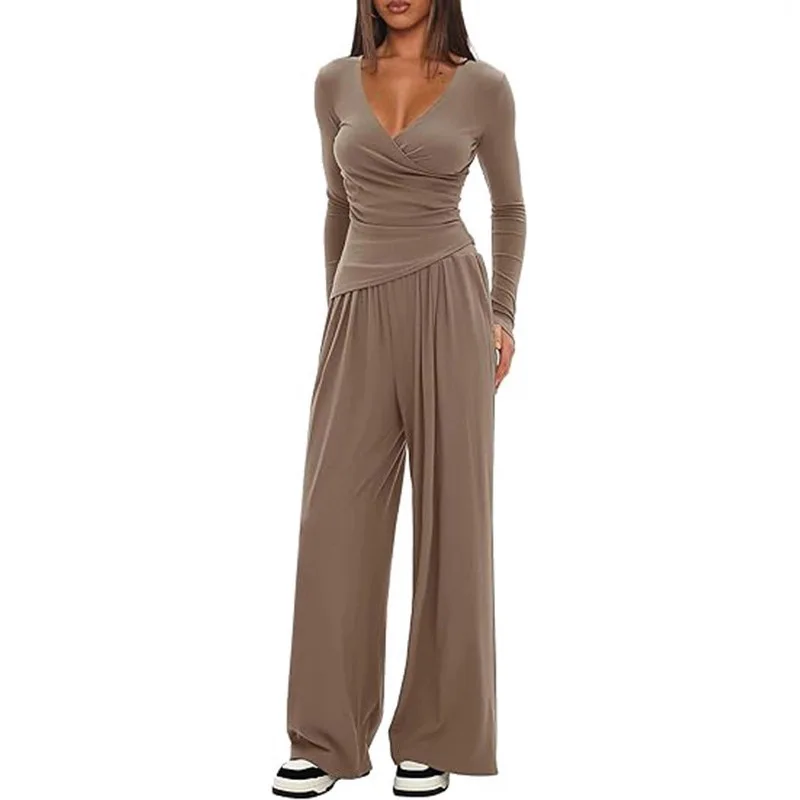 レディースセクシーVネック スリムトップス＆ルーズパンツ セットアップ カジュアル ツーピースセット 女性用 2025年秋 エレガント 無地 セットアップ