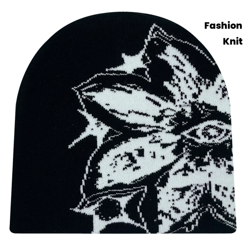 Double-Decker Knit Beanie Hat Funky Flower Print Winter Warm Stretchable Bonnet Unisex Men Women Christmas Thanksgiving Gifts
