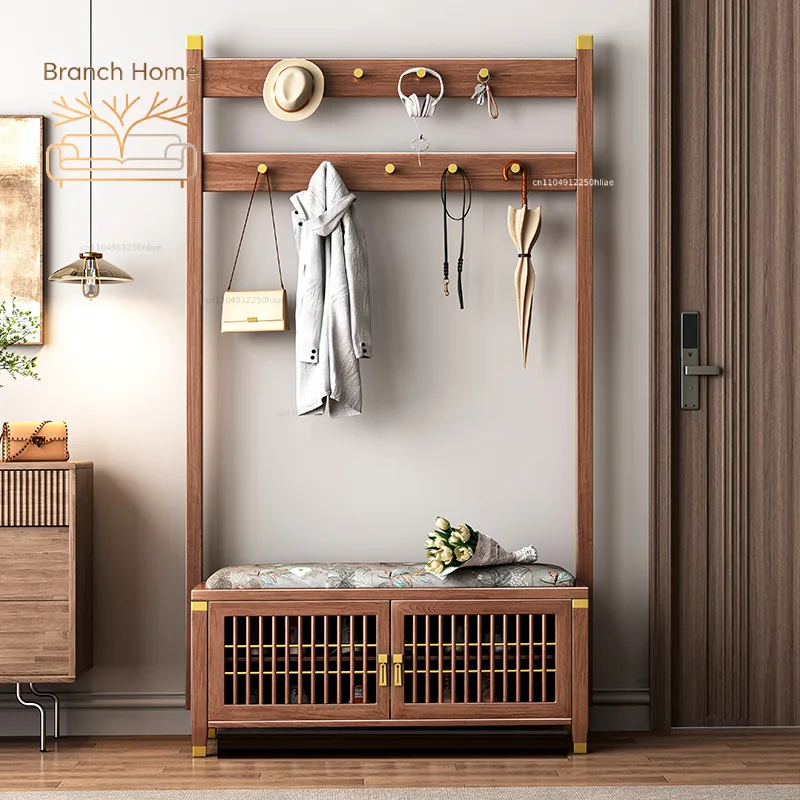 New Chinese-style coat rack, shoe changing stool integrated household door entrance, all solid wood with door shoe cabinet,