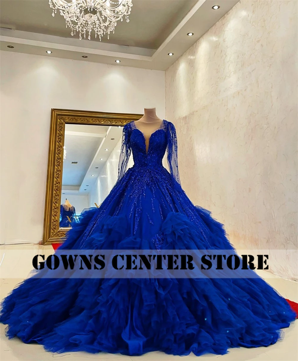 King Blue Long Sleeve Quinceanera Dresses Ball Gown For Sweet 16 Graduation Party Princess Vestido De 15 anosفساتين مناسبة رسم