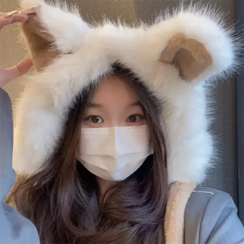 Cute Winter Thickened Fox Ears Scarf Hat Sets Women Sweet Japanese Kawaii Plush Ear Protection All-in-one Hooded Warm Gloves