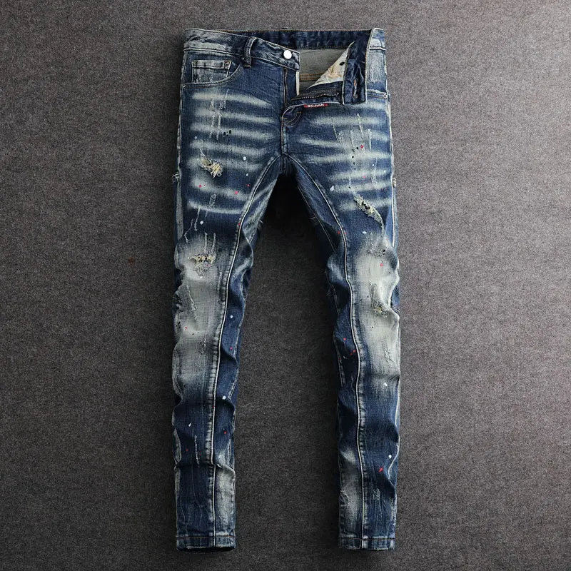 

Street Fashion Men Jeans Retro Blue Stretch Slim Fit Spliced Ripped Jeans Men Painted Designer Hip Hop Vintage Denim Pants Homme