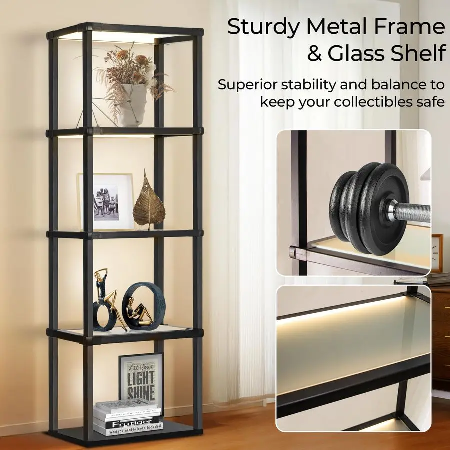 Display Shelf Floor Lamp, Dimmable LED lamp with 3 Color Temperatures, Sturdy Glass Curio Cabinet Bookcase with Remote Control,
