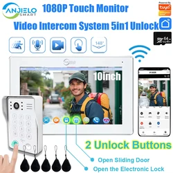 ANJIELO Fingerprint 5in1 Unlock Tuya Smart 1080P 10 inch Touch Monitor Video Intercom System For Home Doorphone With RFID Card