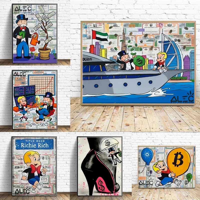 1 pieza de lienzo sin marco de Alec Monopoly y Richie, pintura sobre lienzo de hombre rico con dólares, pósteres, impresiones, grafiti, arte callejero, cuadro para el hogar