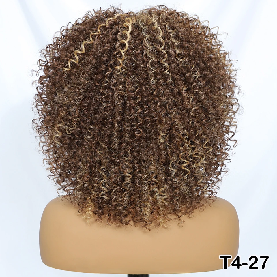 Halloween kurze Afro-Perücken mit Pony für schwarze Frauen, 35,6 cm lange synthetische Bob-Lockenperücke, Ombre-Braun, verworrenes lockiges Haar, Cosplay-Perücken