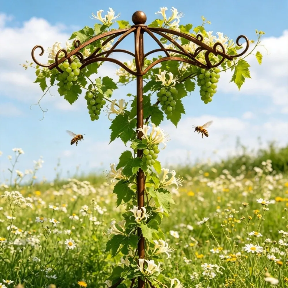 Retro Rusted Umbrella Shape Plant Support Pile Prevent Tipping Over Detachable Bonsai Fixing Rod Iron Weather-Resistant