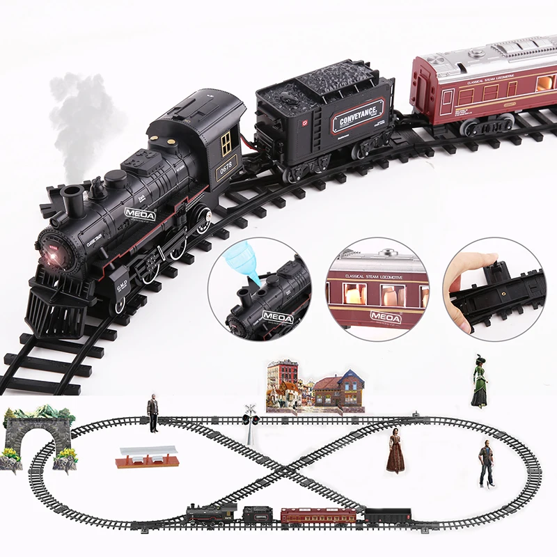 Classical Battery Operate Electric Railway Train Add water to smoke Steam Locomotive Set Train Toys for Kids with Light&Sound