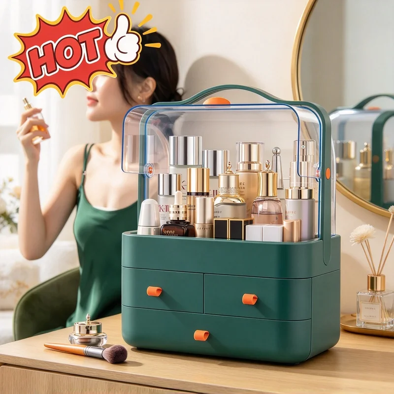 Waterproof Dustproof Cosmetic Organizer with Lid Drawer, Skincare Storage Box for Dressing Table