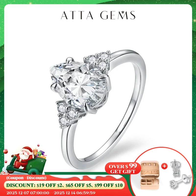

ATTAGEMS New Solid S925 Sliver 2.0ct Moissanite Rings for Women D VVS1 Pear Shape Diamond Engagement Wedding Fine Jewelry Gift