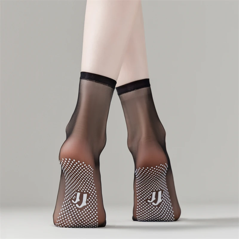 5 Pairs Women's Thin Socks Summer New Black Solid Color Silicone Non-slip Socks Lady Ultrathin Transparent Socks For Women Nylon
