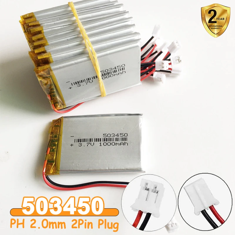 523450=503450 1000mAh 3.7V Rechargeable Li-ion Battery PH 2.0mm 2pin plug for Camera GPS navigator MP5 PS4 100% Real Capacity