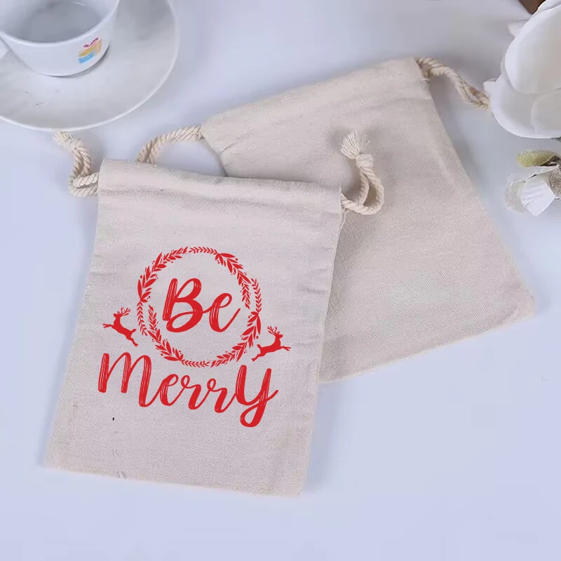 10PCS Christmas Blessing Quotes Drawstring Storage Bag Canvas Candy Bag, Reusable Bag, Household Item Classification Bag