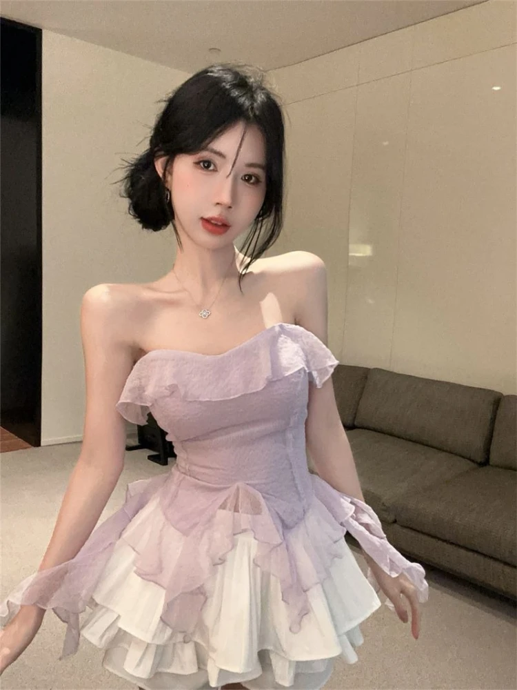 

Women’s Summer Fashion Two Piece Set Ruffled Waist Chiffon Crop Top High Waisted Puffy Skirt Elegant Outfit for Beach Party