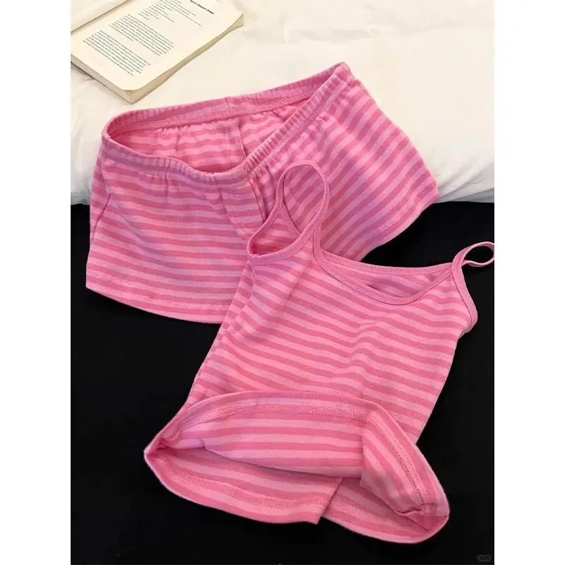 Summer Women 2‑Pieces Striped Pajama Loungewear Set Pink Striped Camisole Short Pants Thin Soft Breathable Ladies Home Sleepwear image 5