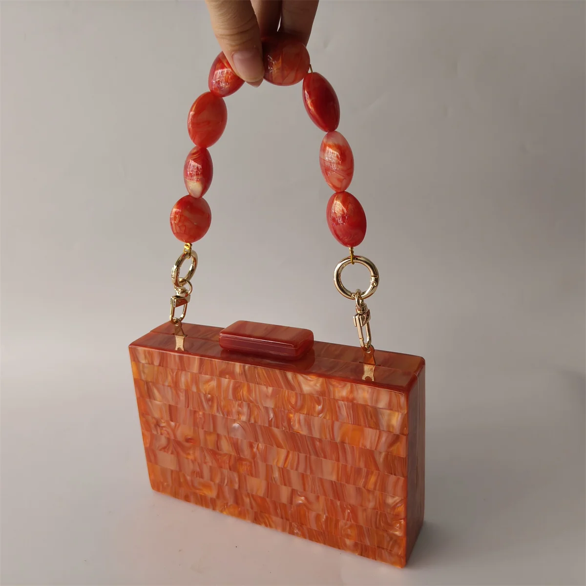 Bright Orange Bead Resin Chain Acrylic Box Clutch Handbag Women Shoulder Wedding Mini Striped Flap Girl Gift Evening Bag Flap