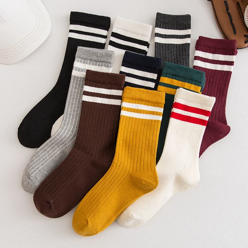 Solid Color Striped Women Socks Casual Fashion Socks School Girls Cotton Knitting Loose Long Socks Sox Black White College Style
