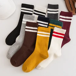 Solid Color Striped Women Socks Casual Fashion Socks School Girls Cotton Knitting Loose Long Socks Sox Black White College Style