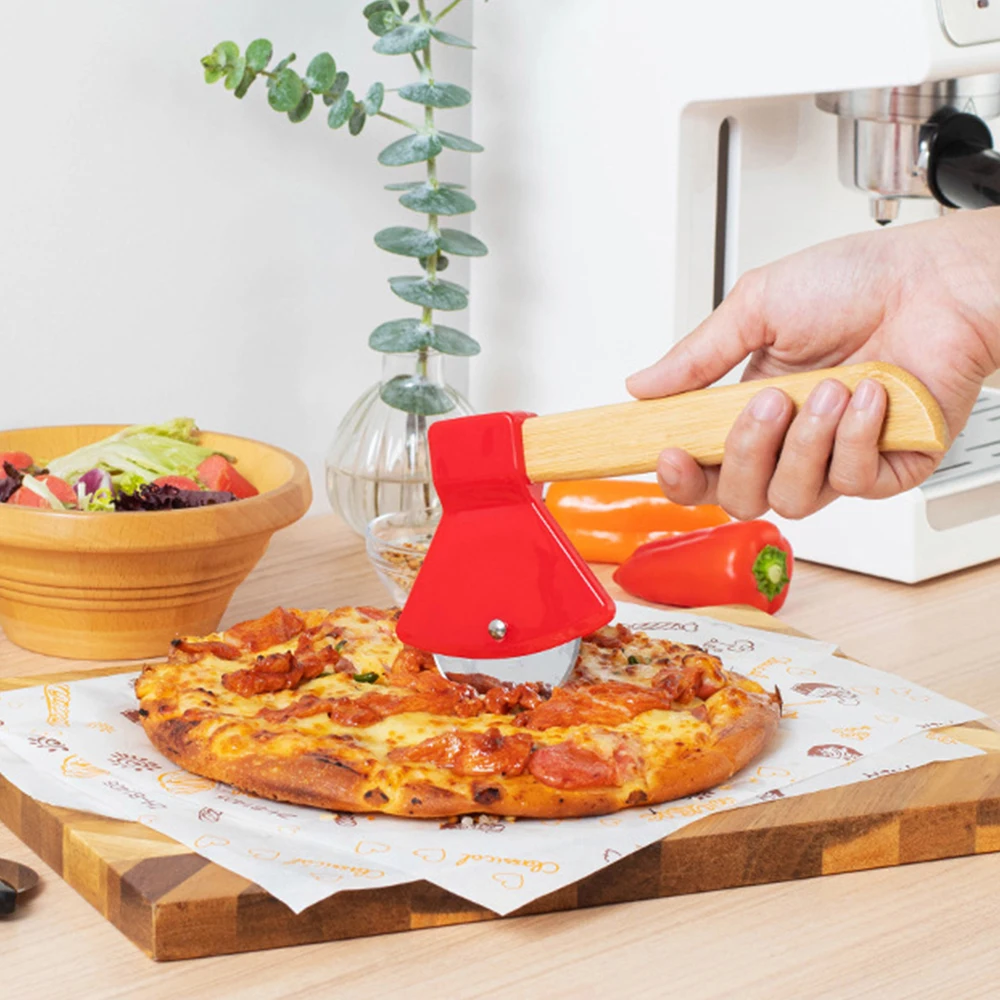 Pizza Cutter Wheel with Bamboo Handle Stainless Steel Axe Shaped Pizza Slicer for Pizza Pie Waffles Dough Kitchen Accessories