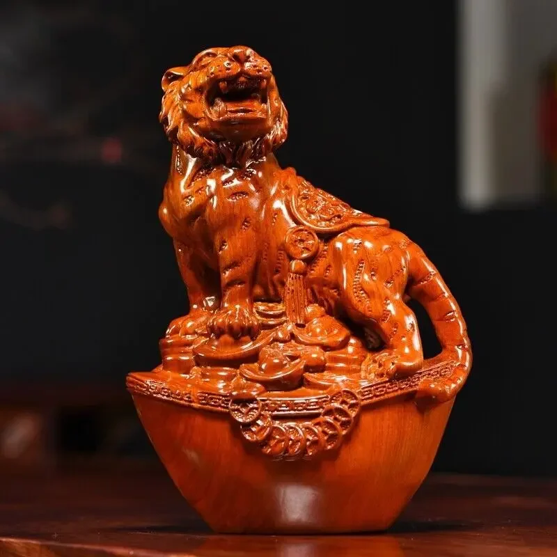 Natural Hua Li Wood Carved Tiger On Ingot Statue 2022 Year Feng Shui Decor