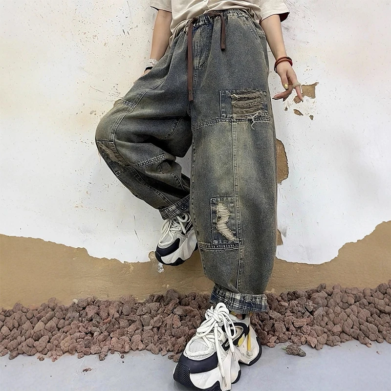 سراويل حريم نسائية أوروبية من Mass Wass من قماش الدنيم بفتحات كلاسيكية سراويل كلاسيكية فضفاضة ملابس خروج مرنة بخصر مطاطي جينز #6