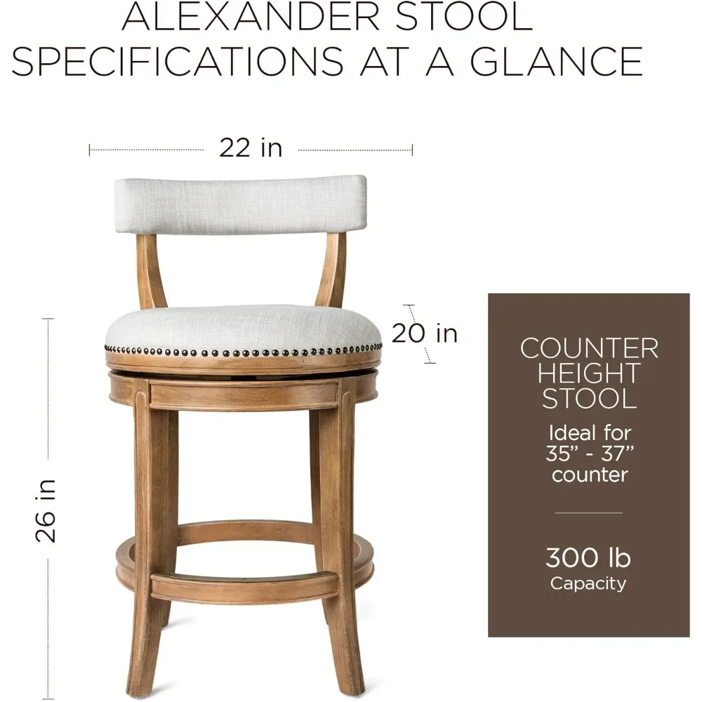 26 Inch Tall Counter Height Rotating Low Back Barstool in Weathered Oak Finish with Sand Color Fabric Upholstered Seat