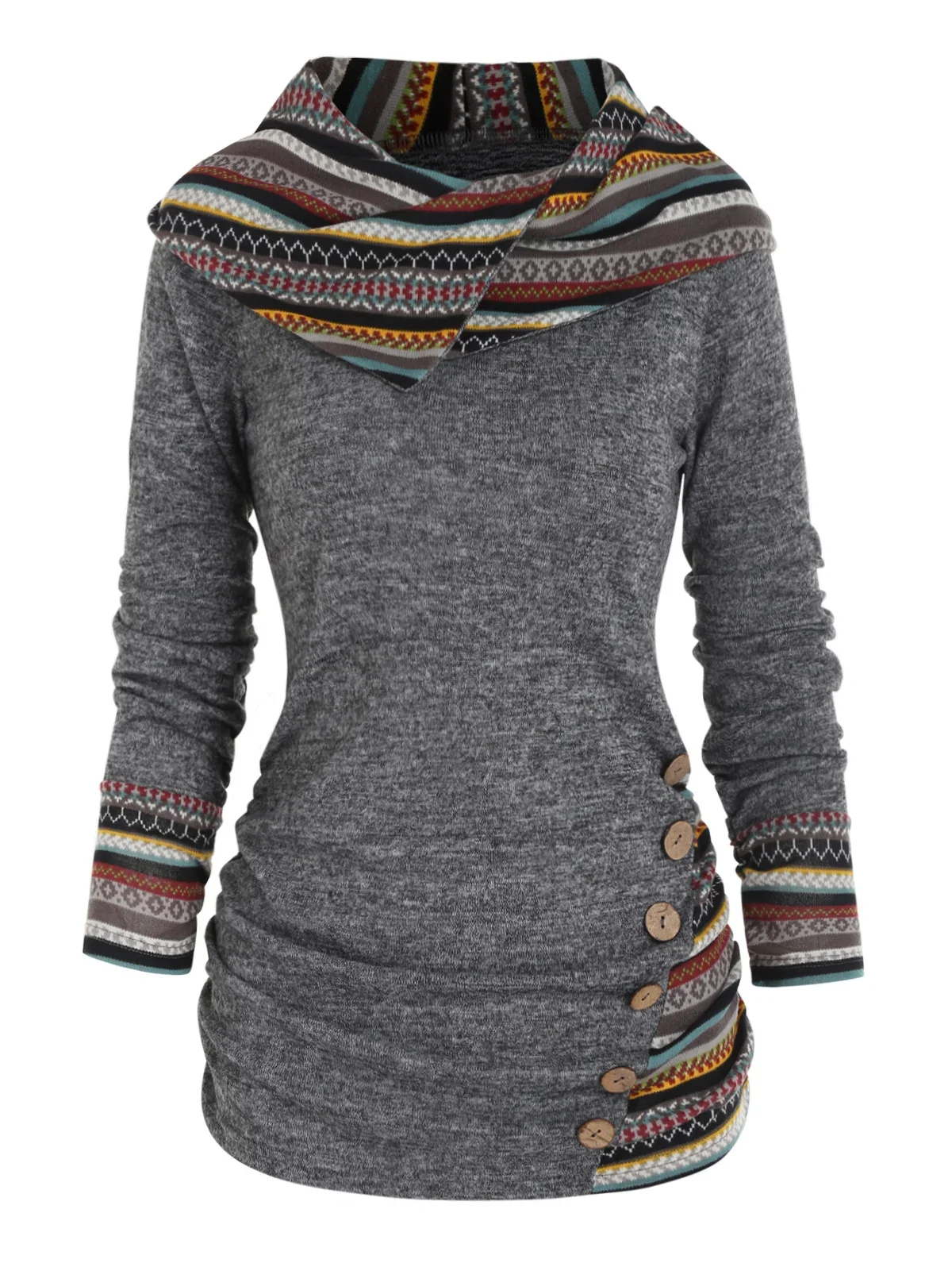 Top de punto con capucha para mujer, Top de manga larga con estampado de rayas geométricas tribales y botones, Top étnico informal con capucha
