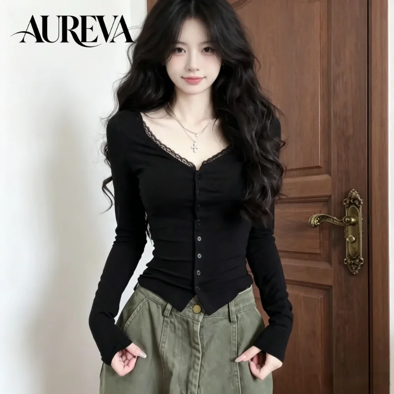 Women's Slim Fit V Neck Long Sleeve T-shirt Pure Desire Sexy Cropped Top Unique Hot Girl Layering Basic Autumn New
