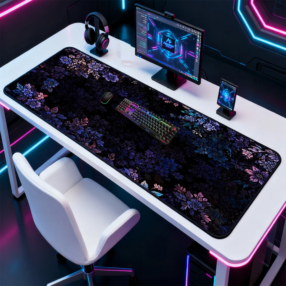 Floral Desk Pad Deskmat Purple Botanical Gaming Dark Nonslip XXL Mouse Mat Mousepad Setup 1200x600 XXXL 5mm Thick Mat