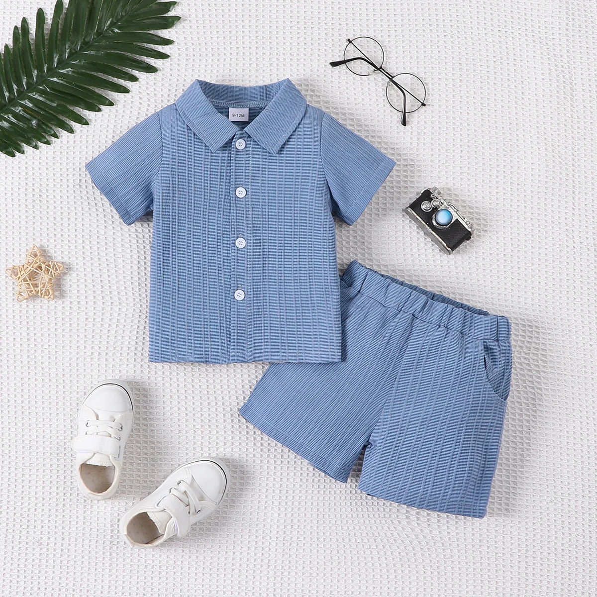 2-piece baby boy fashion casual woven jacquard fabric short sleeved shirt top and shorts set