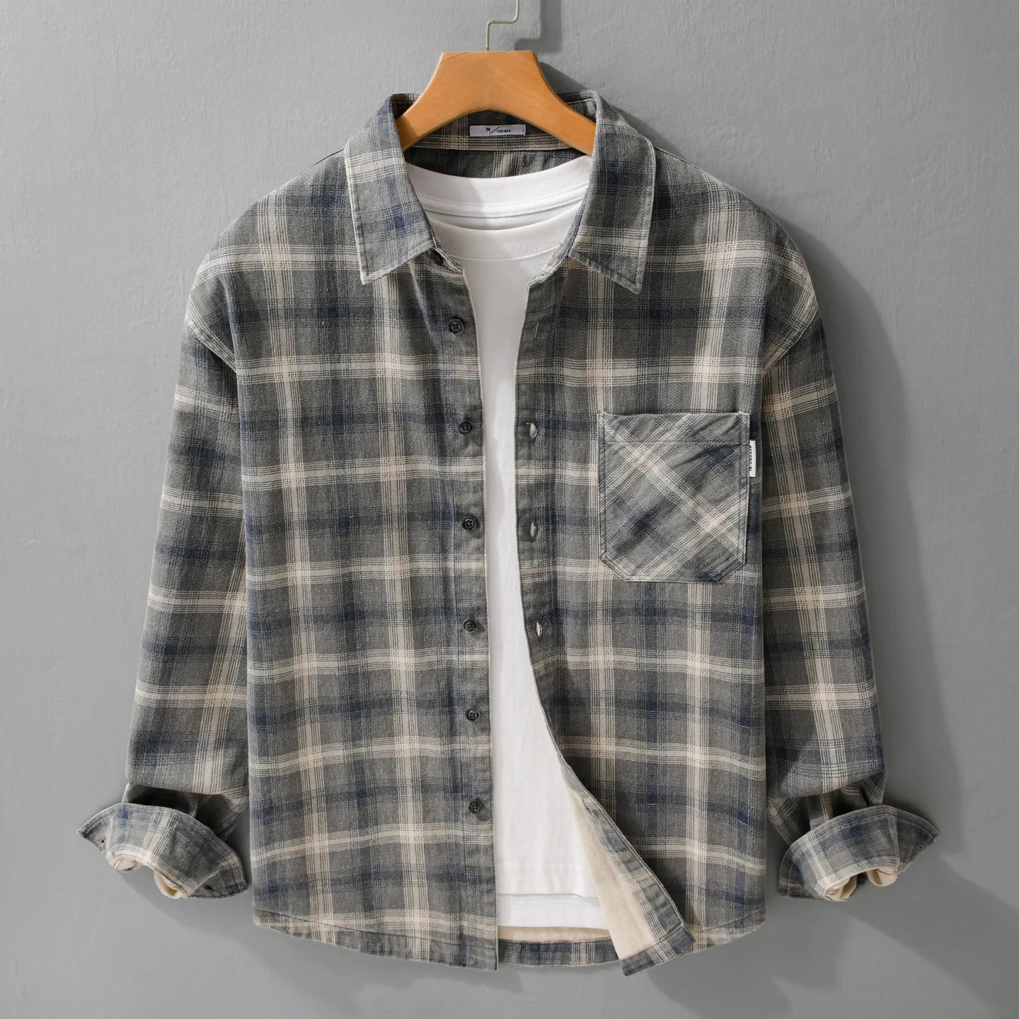 

Trendy Japanese Sle Long Sve Plaid irt Men's Casual Versatile Loose Top Daily Wear Pure Cotton Youth Faionable Artistic