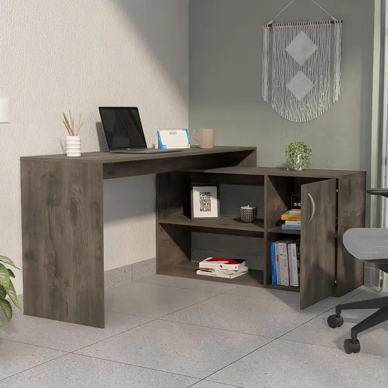 L-Shaped 2-Shelf Writing Desk, Dark Brown Wood Finish, Modern Design for Home Office