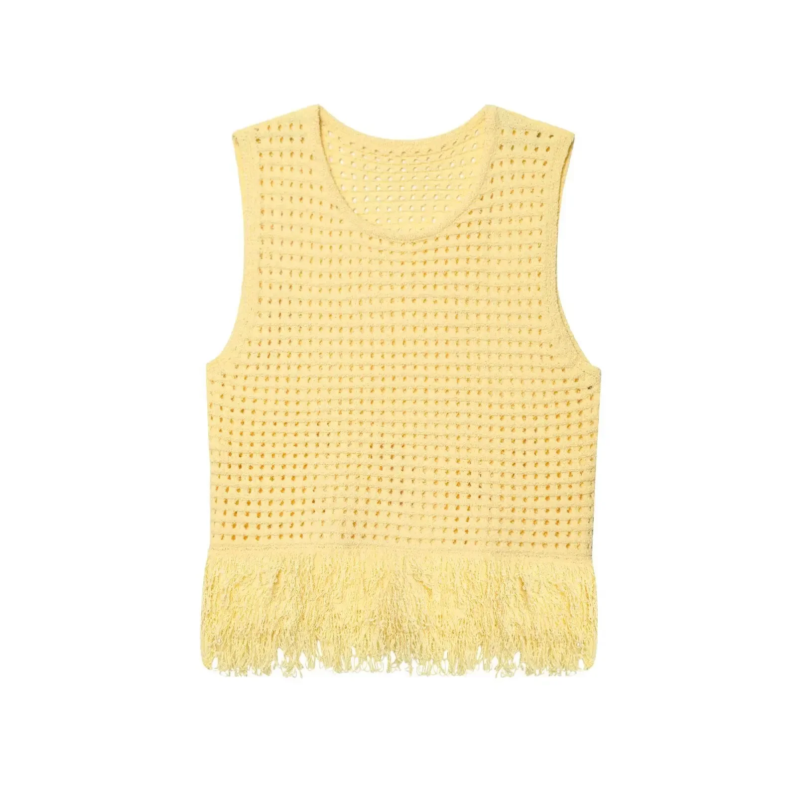 

ZBZA Woman's Fringed Checkered Knit Top Artistic Retro Round Neck Hollow Embroidered Simple Solid Color Cropped Vest Summer Top