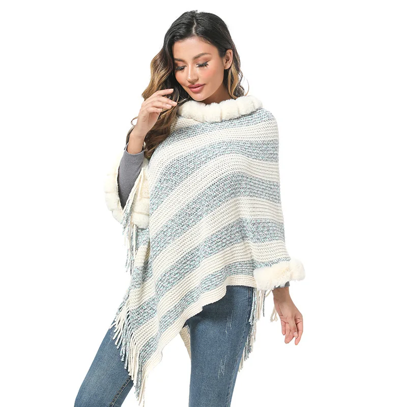 Poncho Mantel Nachahmung Otter Kaninchen Pelz Kragen gestrickte Pullover Cape Damen Chenille warm gestreiften Schal gestrickt Mantel Dame