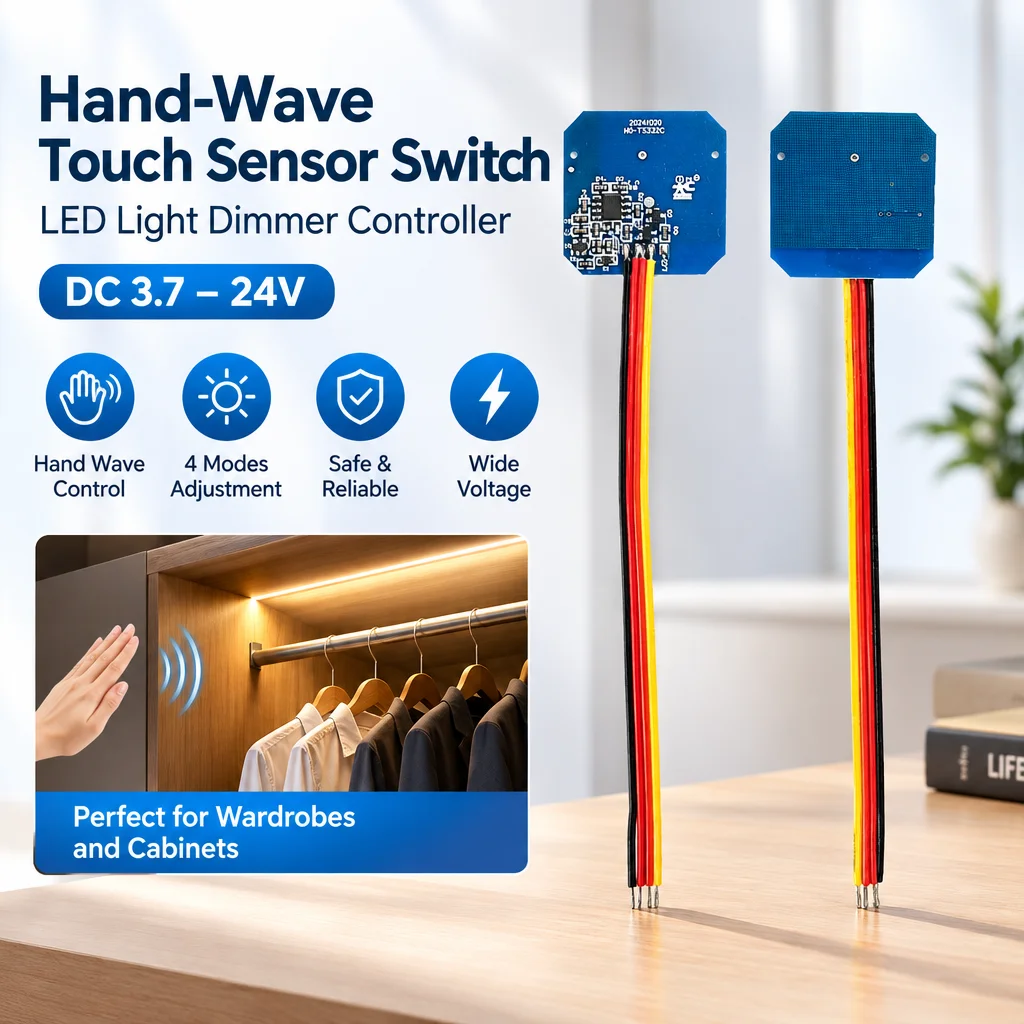 DC 3.7–24V Hand-Wave Touch Sensor Switch LED Light Dimmer Controller for Wardrobes and Cabinets Supports 4 Auto-Adjustment Modes