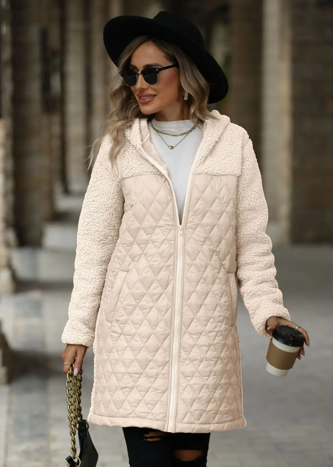 

2025 European and American Autumn and Winter New Women Clothing Loose Hooded Solid Zipper Plush Long Coats for Women