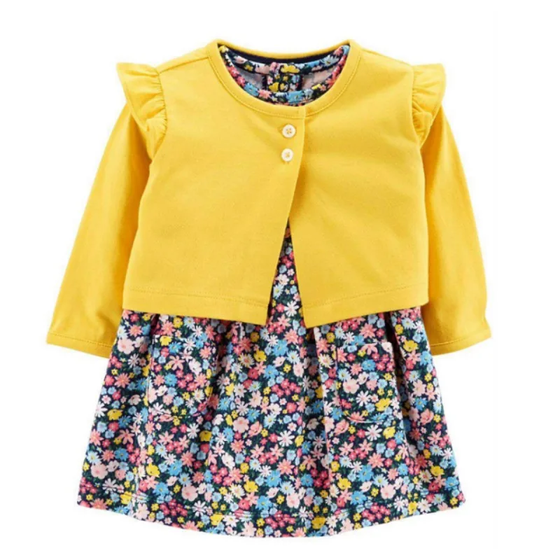 Infant Baby Girls Bodysuit Dress Cotton Floral Baby Girls Long-Sleeved Coat+Short SLeeve Dress 2Pieces Baby Girls Clothes sets