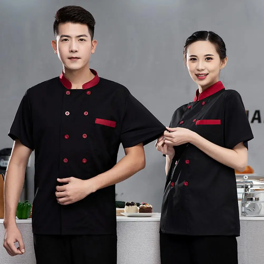 Maglia indietro giacca da cuoco cucina Hotel Chef uniforme panetteria servizio di ristorazione camicia da cucina colletto alla coreana camicia a maniche corte vestito da Chef