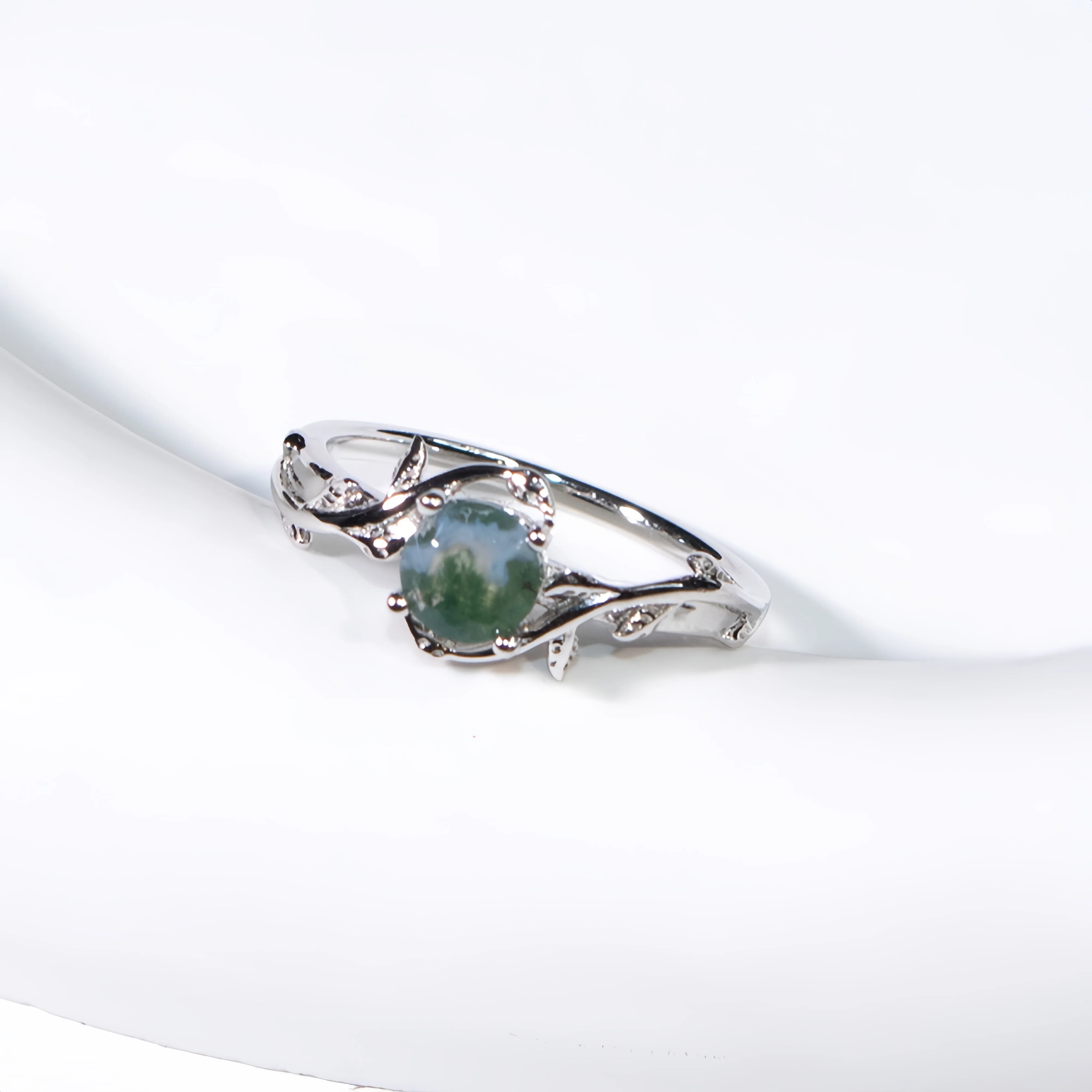 

Round Moss Agate Engagement Ring Sliver Promise Moss Agate Rings