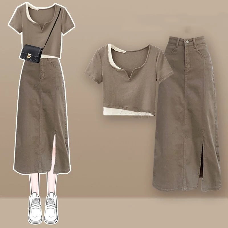 2024 Summer New Large Women's Fashion Versatile Fake Two Piece Top Solid Color Slim A-line Denim Skirt Set