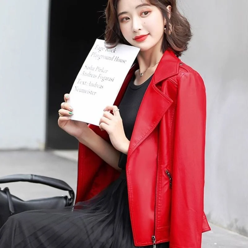 Red Short Leather Coat Female 2026 New Fashion Women's Motorcycle Jacket Spring Autumn High End Lapel PU Leather Outerwea