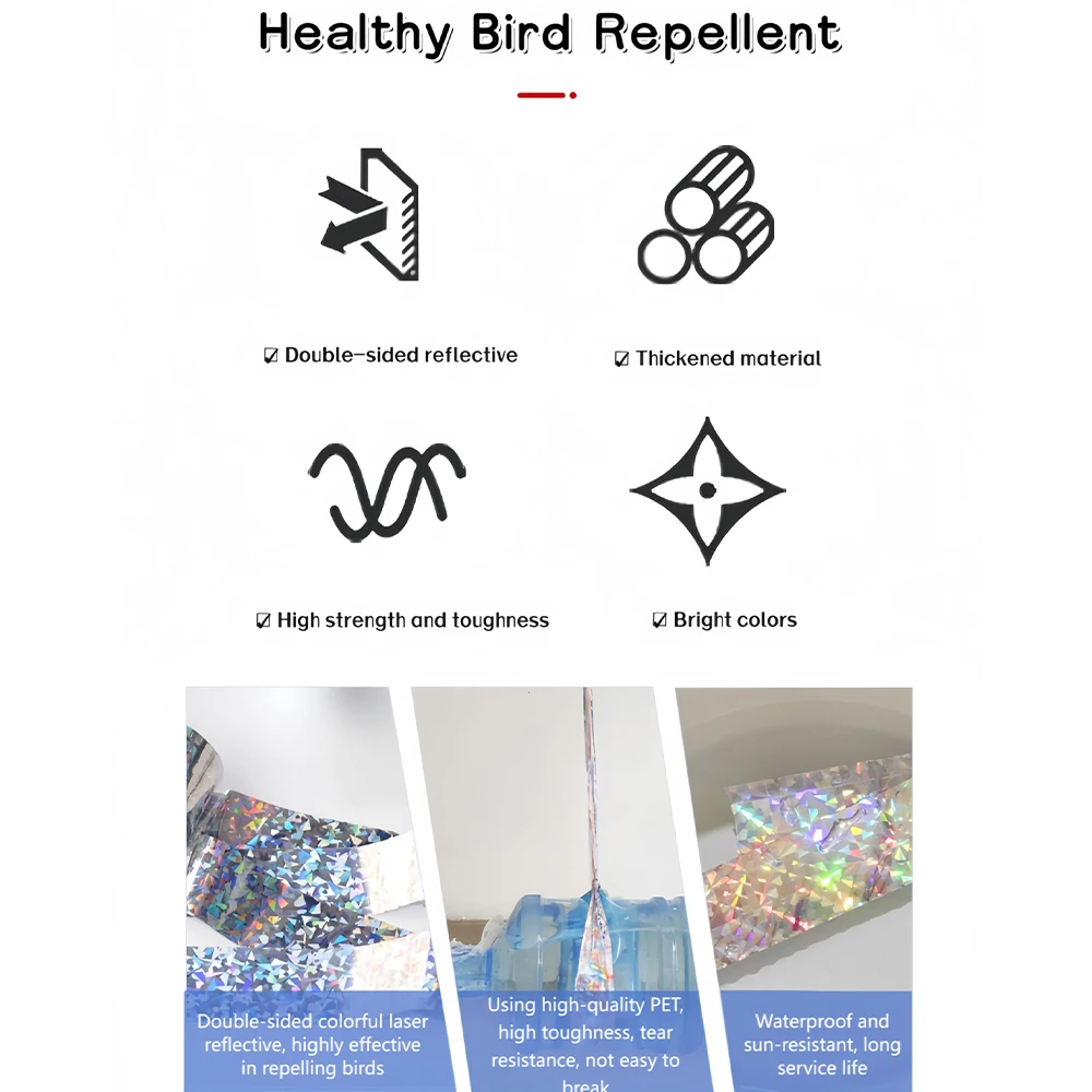 2 Rolls Bird scare Type Ribbon, Deterrent Visual Audible Reflective Tape to Keep Away Birds, Double sided Flash Tape image 2